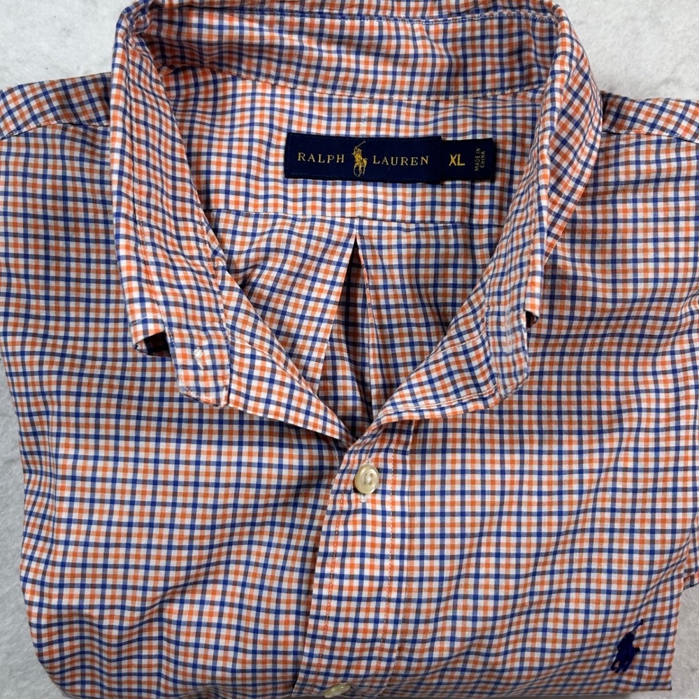 Ralph Lauren Mens XL Button Down Shirt Orange Blue Check Long Sleeve Cotton Logo - Picture 1 of 8